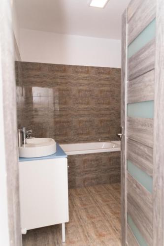a bathroom with a sink and a bath tub at Apartament West in Oradea