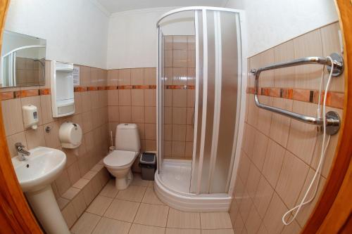 a bathroom with a shower and a toilet and a sink at Lucia in Ludza