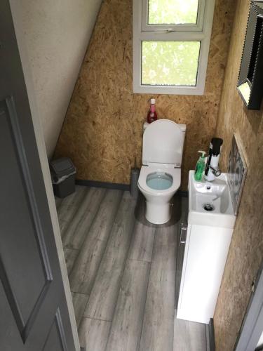 a small bathroom with a toilet and a sink at Gracelands Glamping in Ballyronan