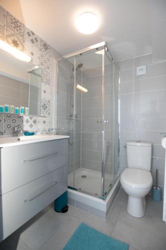une salle de bain avec une douche en verre et des toilettes dans l'établissement Appartement climatisé - Bleu Azur - hyper-centre de Toulon, à Toulon