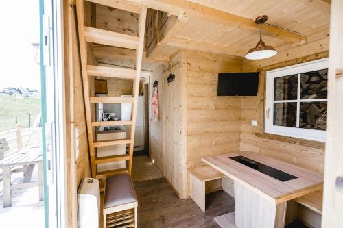 a tiny house with a desk and a tv at Reiter- und Feriengut Suassbauer in St. Wolfgang