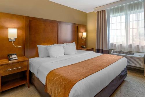 Comfort Suites Burlington في برلينغتون: غرفة فندقية بسرير كبير ونافذة