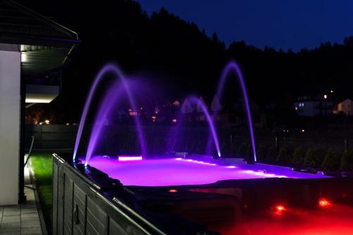 a hot tub with purple lights in the dark at DOMINO-APARTAMENTY Blue in Krościenko