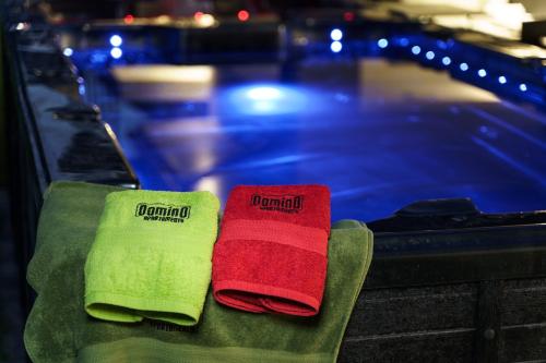 two towels sitting on a counter next to a pool at DOMINO-APARTAMENTY Blue in Krościenko