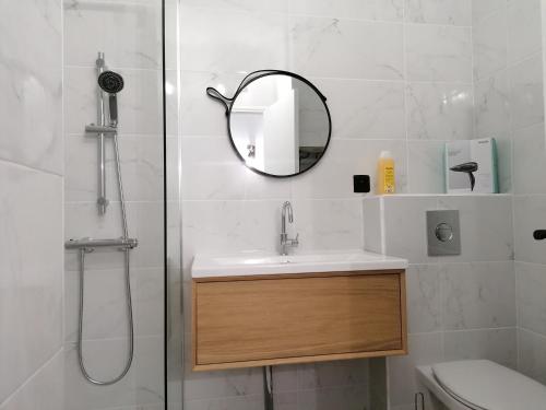 une salle de bain avec un lavabo et un miroir dans l'établissement Apartment Cannes Gallia Grand Park, à Cannes