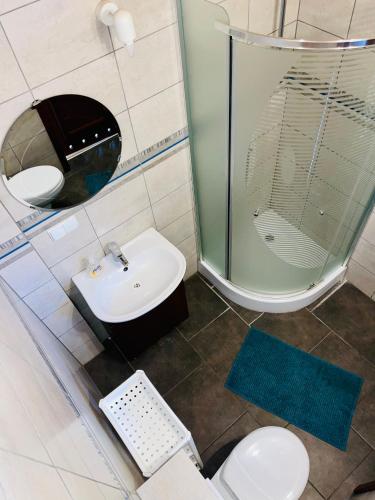 a bathroom with a sink and a shower and a toilet at Pod skrzydłami IV in Miłomłyn