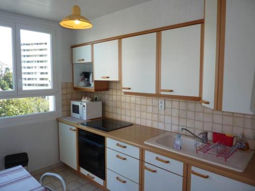 une cuisine avec un évier et un micro-ondes dans l'établissement Minerva, à Anglet