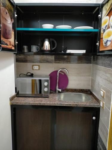 a kitchen counter with a microwave and a sink at Villa 22 in Dahab