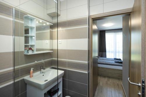 une salle de bain avec un lavabo et une douche en verre dans l'établissement Star Apartman, à Eger
