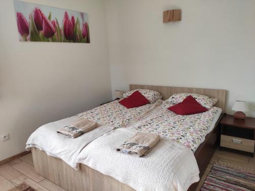 a bedroom with a bed with two pillows on it at Tomaszówka - Domek na Kaszubach in Załakowo