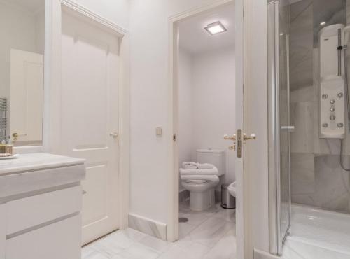 a white bathroom with a toilet and a shower at San Mateo I in Madrid