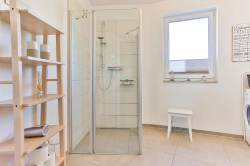 ein Bad mit einer Dusche und einer Glastür in der Unterkunft Ferienwohnung Sundblick in Altefähr