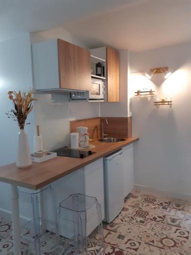 a kitchen with a sink and a counter top at Studio de l'Horloge - Studio de Charme, hyper centre Maison Jean Vilar in Avignon