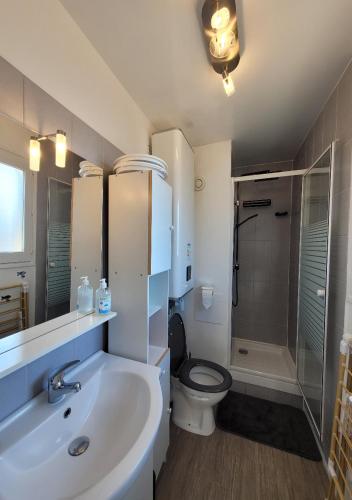 une salle de bain avec un lavabo, des toilettes et une douche dans l'établissement Manon's Studio, à Villers-sur-Mer