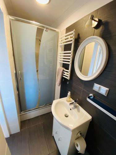 a bathroom with a sink and a mirror at Apartament na Starówce VI in Pszczyna