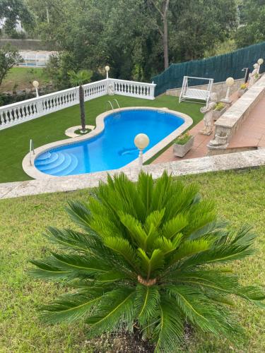a swimming pool in a yard with a palm tree at Charming 8-Bed Villa in Girona in Girona