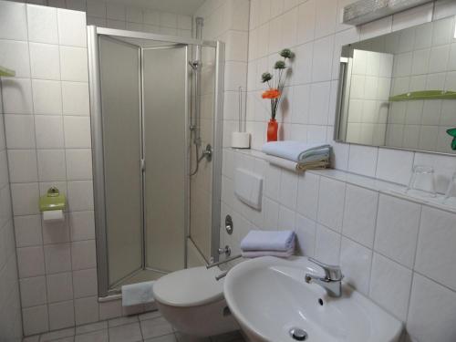 een badkamer met een douche, een toilet en een wastafel bij Gästehaus Bettina in Sipplingen