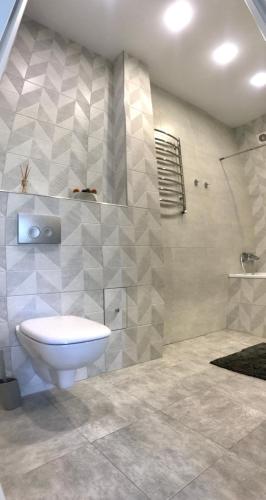 テルノーピリにあるЗатишні та просторі апартаменти в новобудовіのバスルーム(白いトイレ、シャワー付)