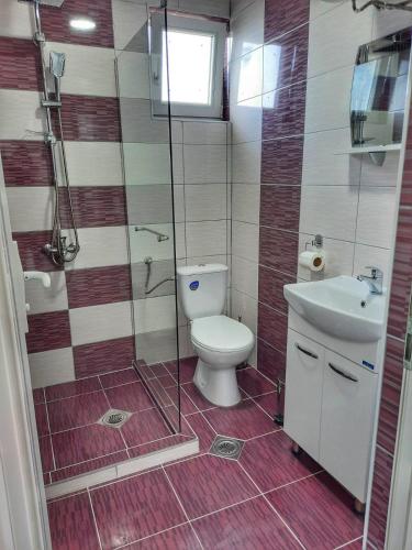 ein Badezimmer mit Toilette, Waschbecken und Dusche in der Unterkunft First line apartment in Ohrid