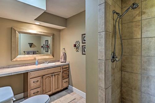 a bathroom with a shower and a sink at Mountain View Home Hike, Raft, Golf and More! in Bryson City