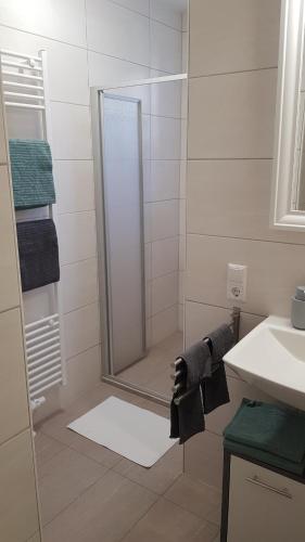 y baño con ducha, espejo y lavamanos. en FeWo -Kleines Moselglück- in Winningen bei Koblenz, en Winningen