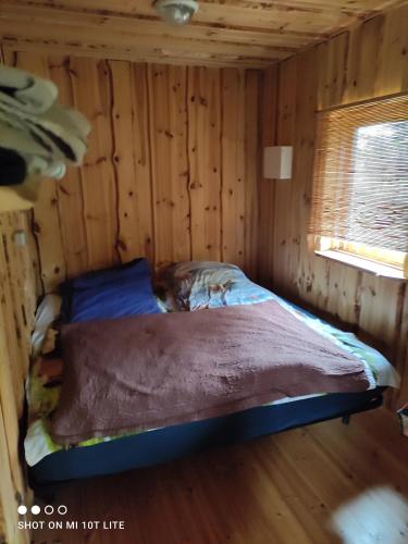 a bed in a log cabin with a window at Beautiful private cabin near Tartu in Külitse