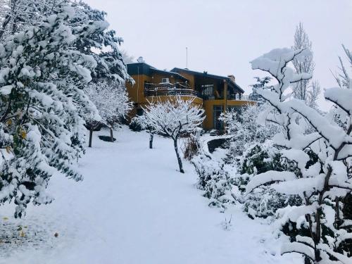 a building in the snow with snow covered trees at Cielo de Piedra. Cabañas y Petit Hotel in Tanti