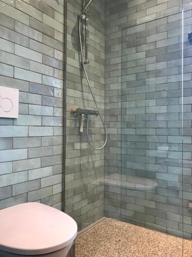 a bathroom with a glass shower with a toilet at Villa Stjerneklar in Copenhagen