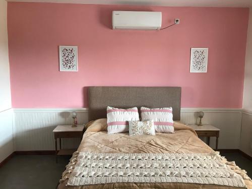 um quarto com paredes cor-de-rosa e uma cama com almofadas em LOS TEROS POSADA DE CAMPO em São Rafael