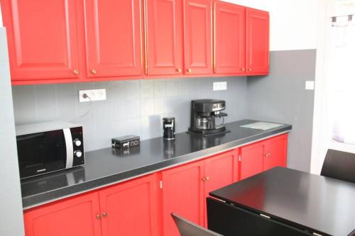 une cuisine avec des armoires rouges et un comptoir noir dans l'établissement Sojeaflor, à Coutras