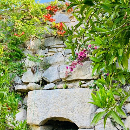a stone wall with flowers and plants at Villa in Gargano - VILLA BASSO in Monte SantʼAngelo