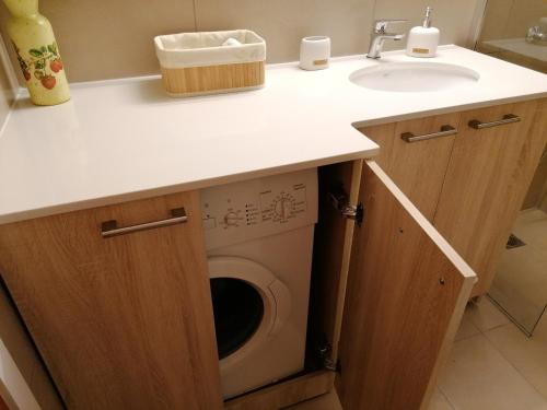 un bagno con lavandino e lavatrice di Vacation cozy home a Paralía Sergoúlas