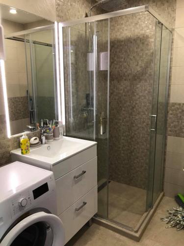 a bathroom with a shower and a washing machine at Oasis Residence in Hajdúszoboszló