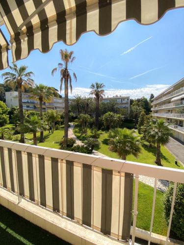 - une vue depuis le balcon d'un complexe avec des palmiers dans l'établissement Superb Apartment In Cannes With Magnificent View !, à Cannes