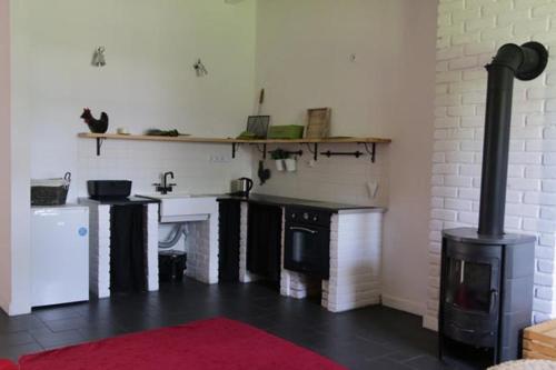 a kitchen with a fireplace and a stove at Stara Szkola in Potok Senderski