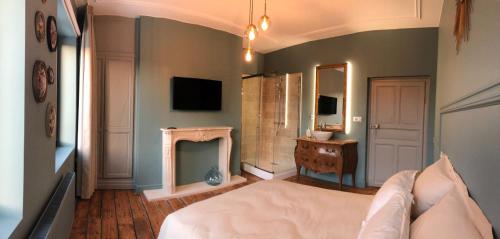 a bedroom with a bed and a fireplace and a television at Les chambres Berguoises Chambre au coeur de Bergues in Bergues