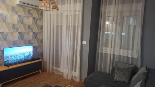 Il comprend un salon doté d'une télévision à écran plat et d'un canapé. dans l'établissement ABV Apartments, à Podgorica