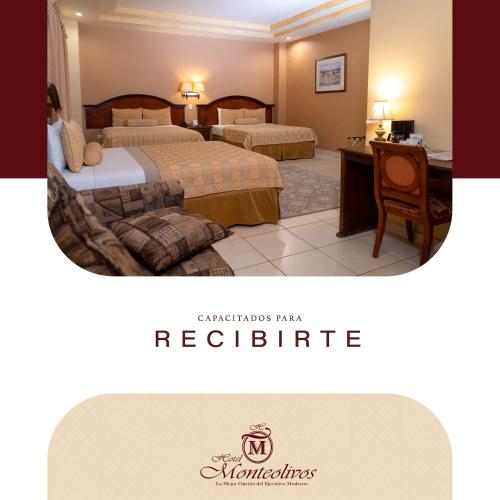 a hotel room with two beds and a desk at Hotel Monteolivos in San Pedro Sula