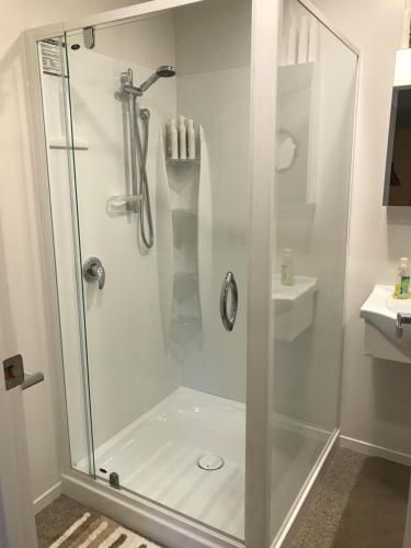 a shower with a glass door in a bathroom at Pet Friendly Country Cottage in Dunedin