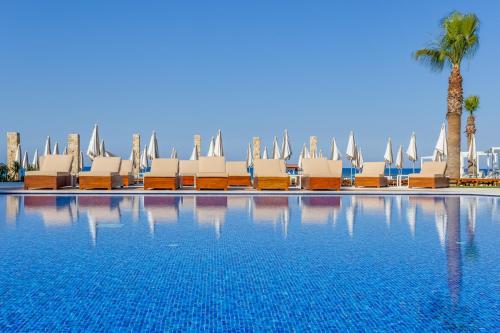 a swimming pool with lounge chairs and a palm tree at Flamingo Paradise Beach Hotel - Adults Only in Protaras