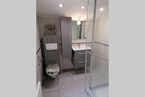 een badkamer met een douche, een toilet en een wastafel bij MAISON CLIMATISEE ,2 CHAMBRES, PARKING compris in La Ciotat