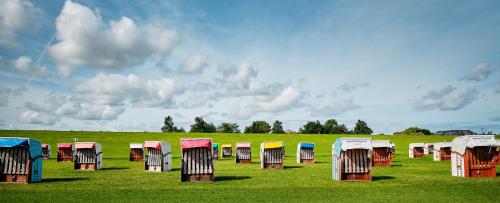 a field with many colorful huts in a field at "FW Sonnenschein mit Pool, Balkon, Fahrrad und WLAN" in Wangerland