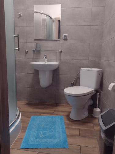 a bathroom with a toilet and a sink and a mirror at Hostel Helios in Września