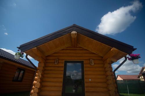 a log cabin with a pitched roof and two flower pots at Christiana-Rent in Cristian