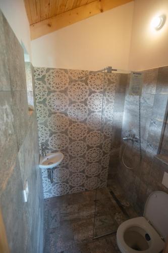 a bathroom with a shower with a toilet and a sink at Christiana-Rent in Cristian