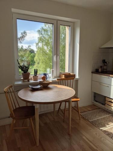 a kitchen with a table and chairs and a window at Õdus korter roheluses - A cozy apartment in a greenery - contactless check-in in Põlva