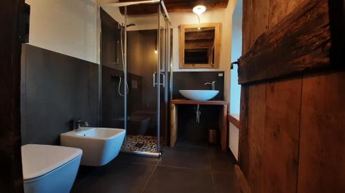 a bathroom with a shower and a sink and a toilet at Chalet Cormignano in Vezza dʼOglio