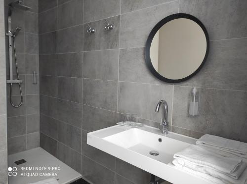 a bathroom with a sink and a mirror and a shower at Logis Hôtel de Paris in Murol