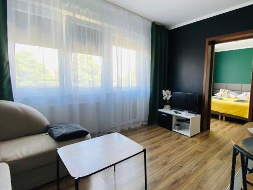 a living room with a couch and a bed at Apartamenty Teatralne in Gorzów Wielkopolski