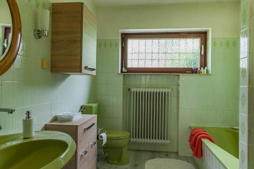 ein Bad mit einem Waschbecken, einem WC und einem Fenster in der Unterkunft Top-bewertete Komfort-Ferienwohnung mit Sonnenterrasse und Garten in der Lüneburger Heide in Hanstedt
